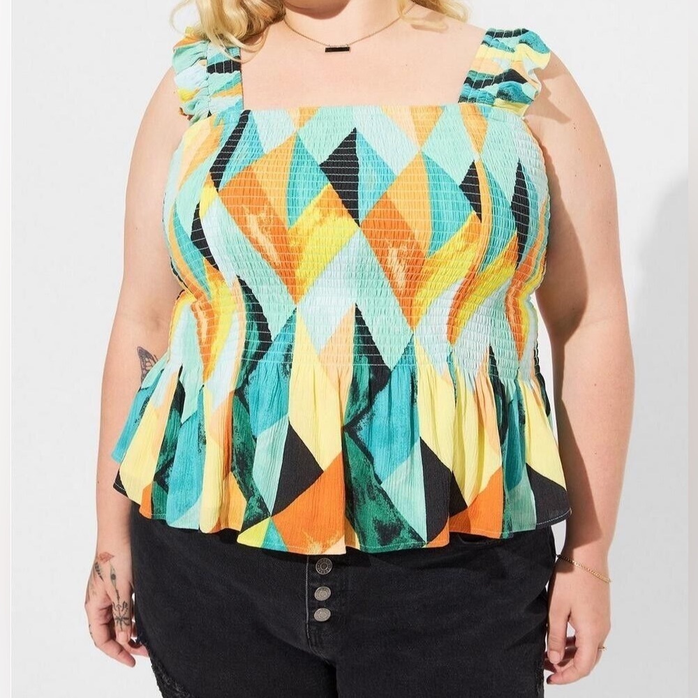 Torrid Women's Peplum Gauze Smocked Abstract Geometric Tank Top Size 3X (22/24)